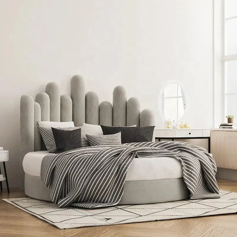 Scandinavian-Inspired Round Upholstered Wave Headboard Bed - Image 3