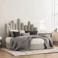 Scandinavian-Inspired Round Upholstered Wave Headboard Bed - Image 3