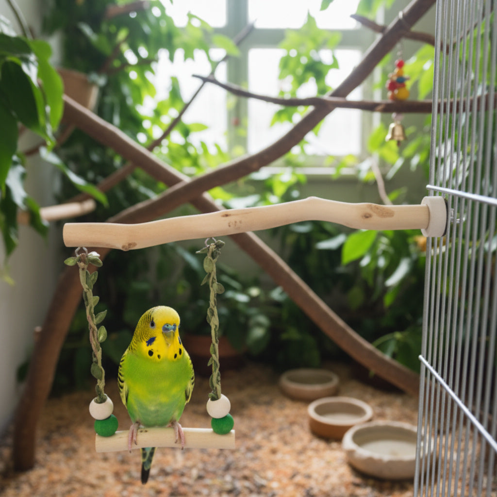 Natural Wood Hanging Bird Swing - Image 1