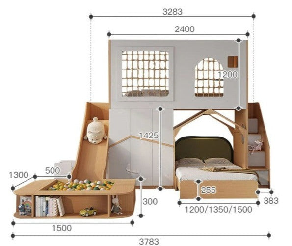 Playtime Loft Dual-Level Wooden Playground Slide Bed Set