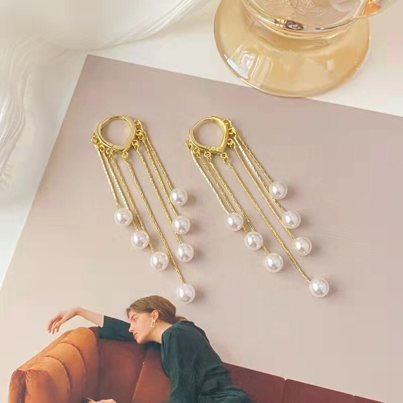 Exquisite Long Tassel Pearl Drop Earrings