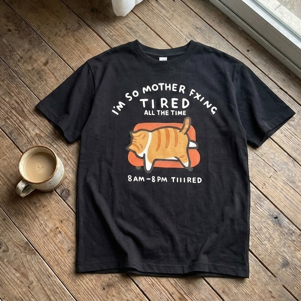 Tired Cat Humor T-Shirt - Image 3
