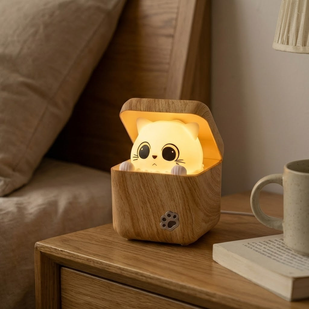 Cute Peekaboo Cat Wooden Night Light Lamp - Image 2
