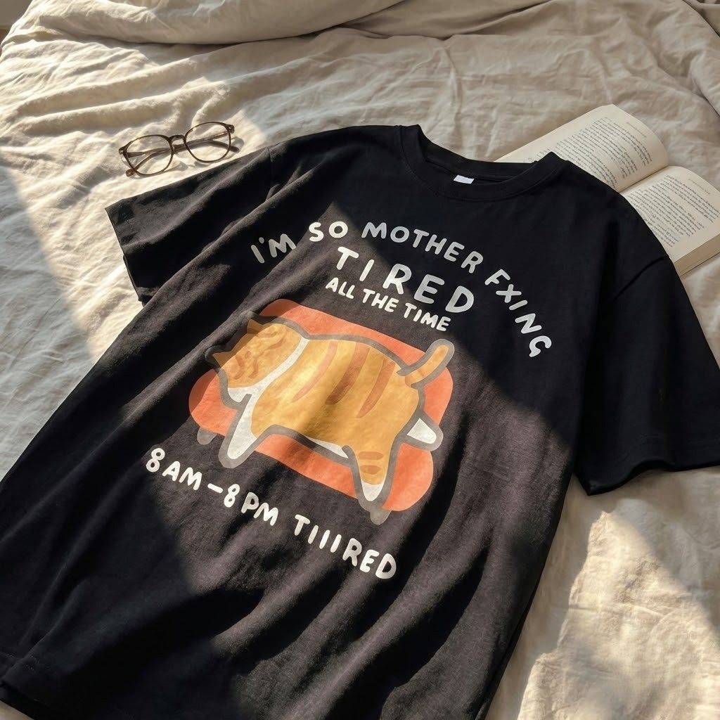 Tired Cat Humor T-Shirt - Image 2