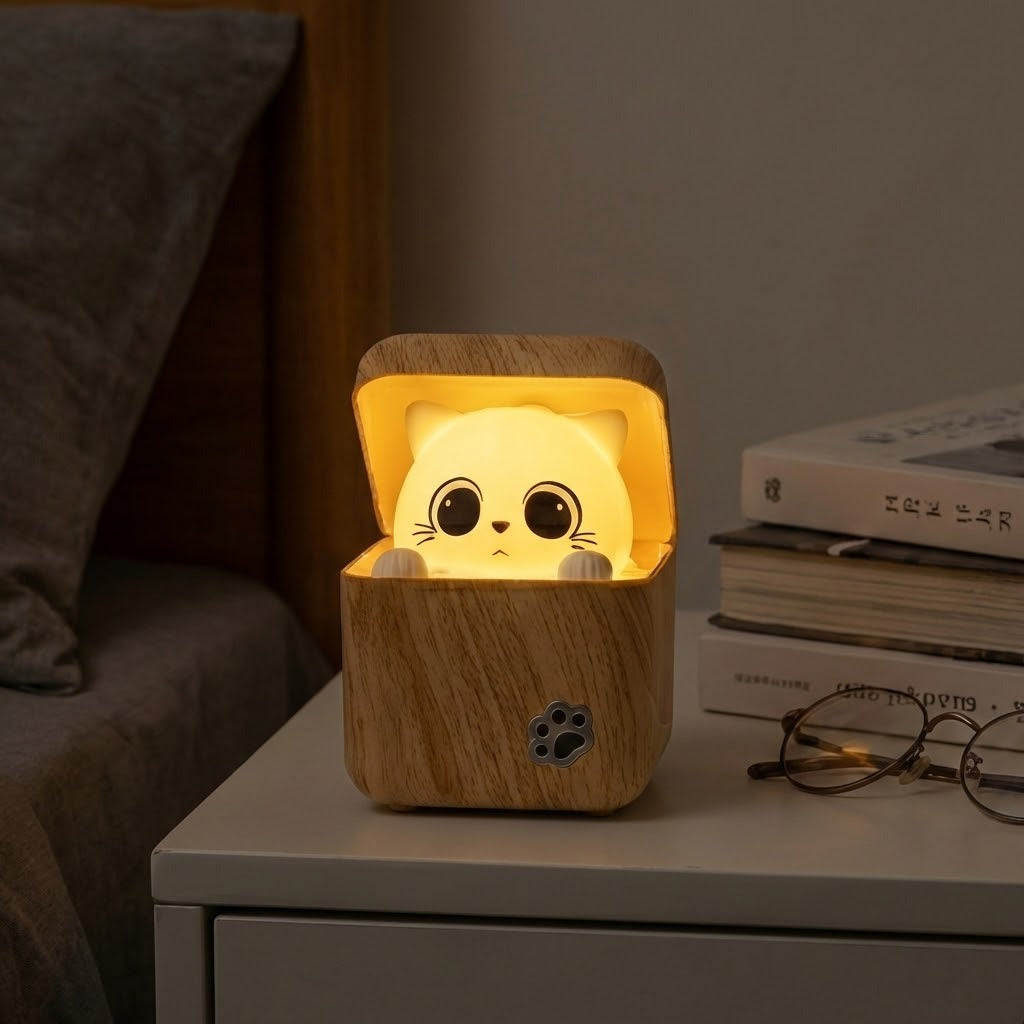 Cute Peekaboo Cat Wooden Night Light Lamp - Image 0