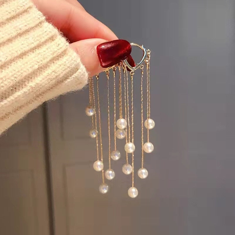 Exquisite Long Tassel Pearl Drop Earrings