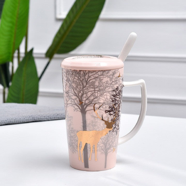 Ceramic Deer Mug With Lid And Spoon