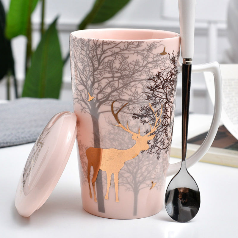 Ceramic Deer Mug With Lid And Spoon