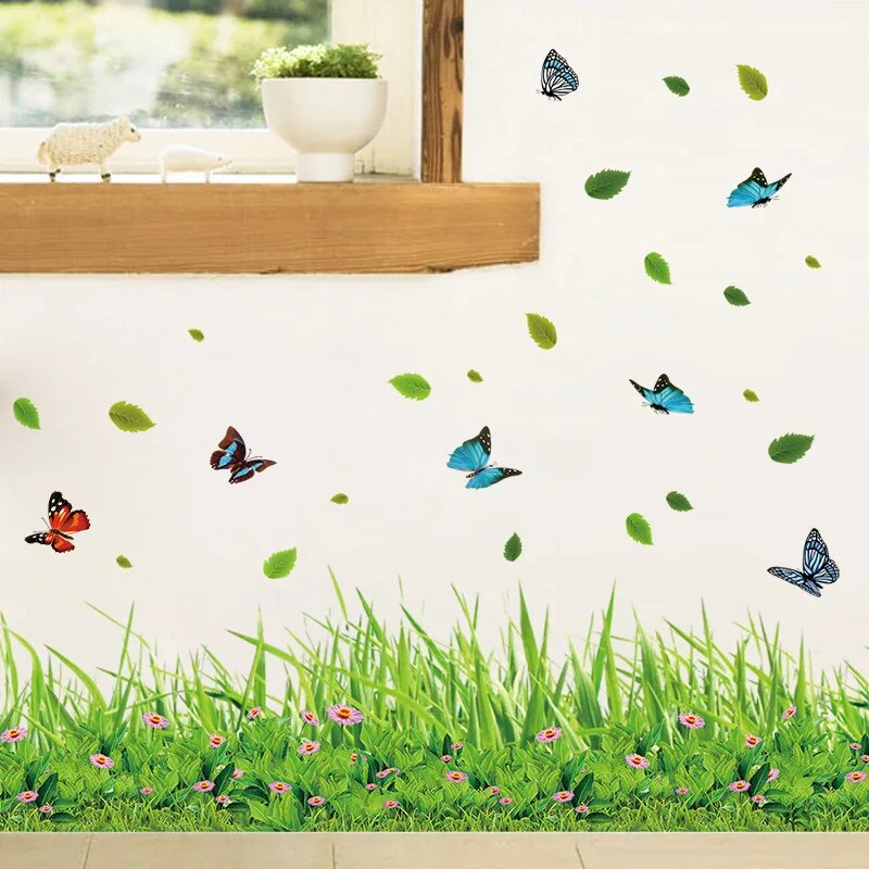 Serene Springtime Butterfly Green Grass Wall Stickers