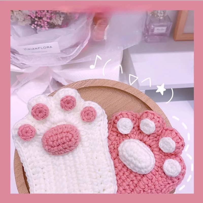 Cat Paw Hand-Knitted Winter Gloves - Image 1