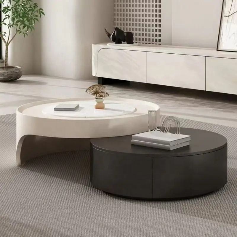 Modernist Dual-Tier Retractable Circular Lounge Coffee Table - Image 4