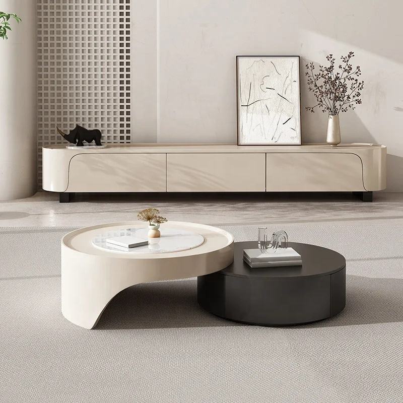 Modernist Dual-Tier Retractable Circular Lounge Coffee Table