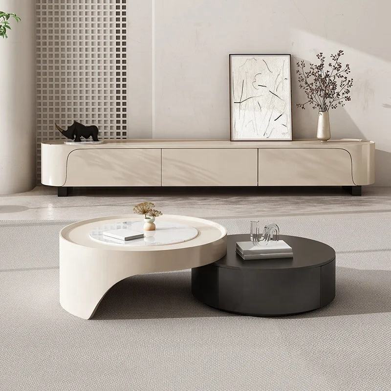 Modernist Dual-Tier Retractable Circular Lounge Coffee Table - Image 5