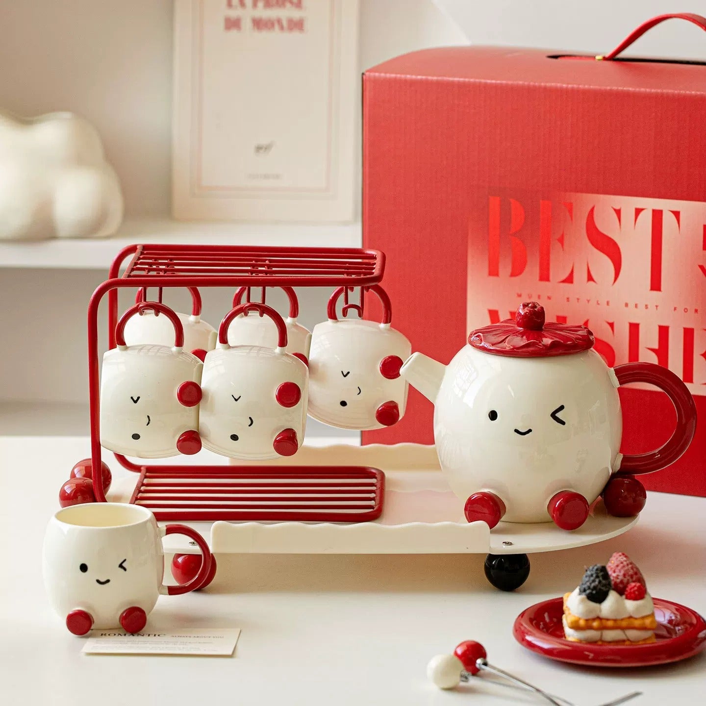 Blushing Face Cute Ceramic Tea Set Gift Box - Image 4
