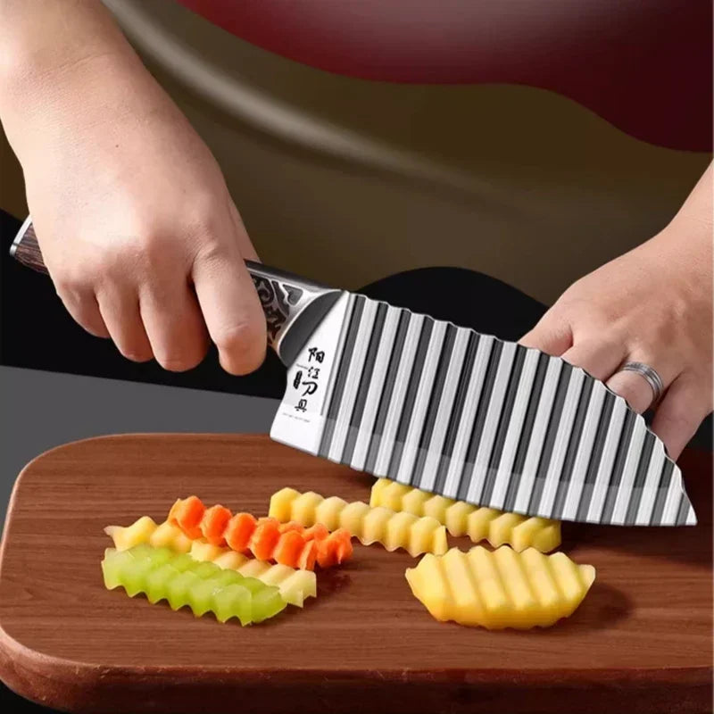 Wooden Handle Ribbed Design Kitchen Knife - Image 2