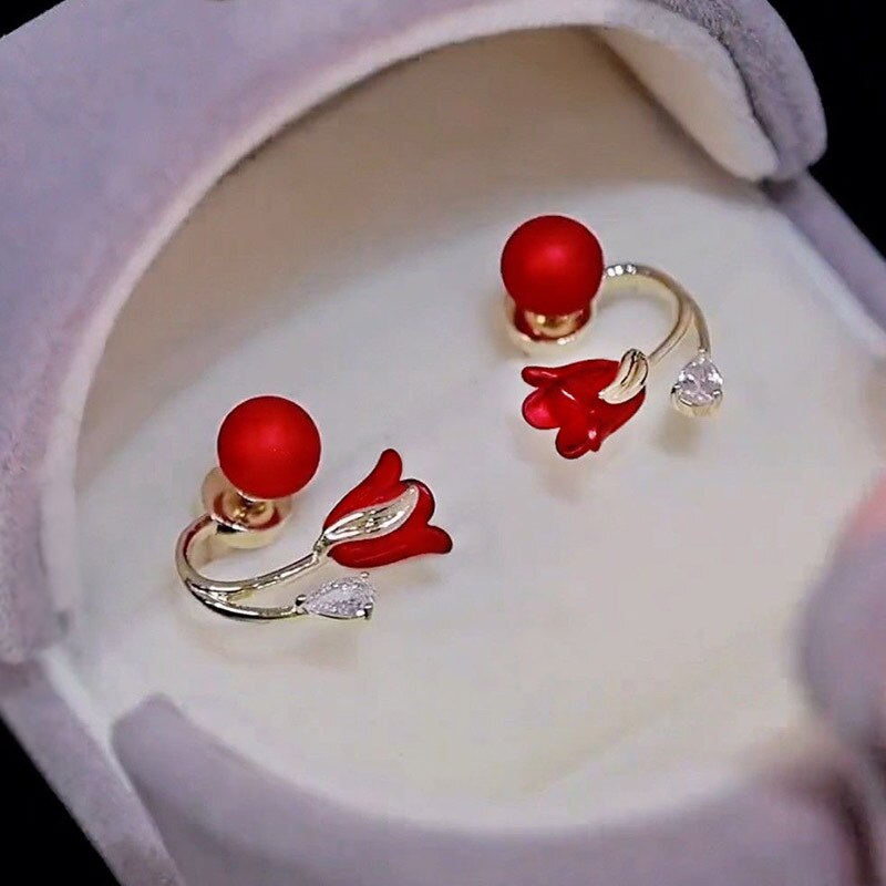 Artistic Red Flower Korean Style Zircon Earrings - Image 2