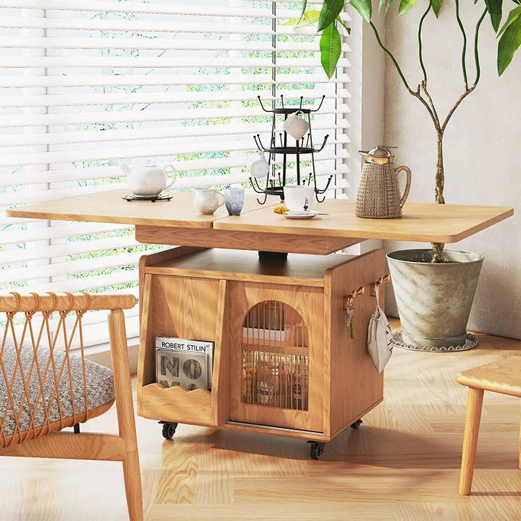 Japandi Natural Wood Liftable Wheeled Accent Table - Image 3