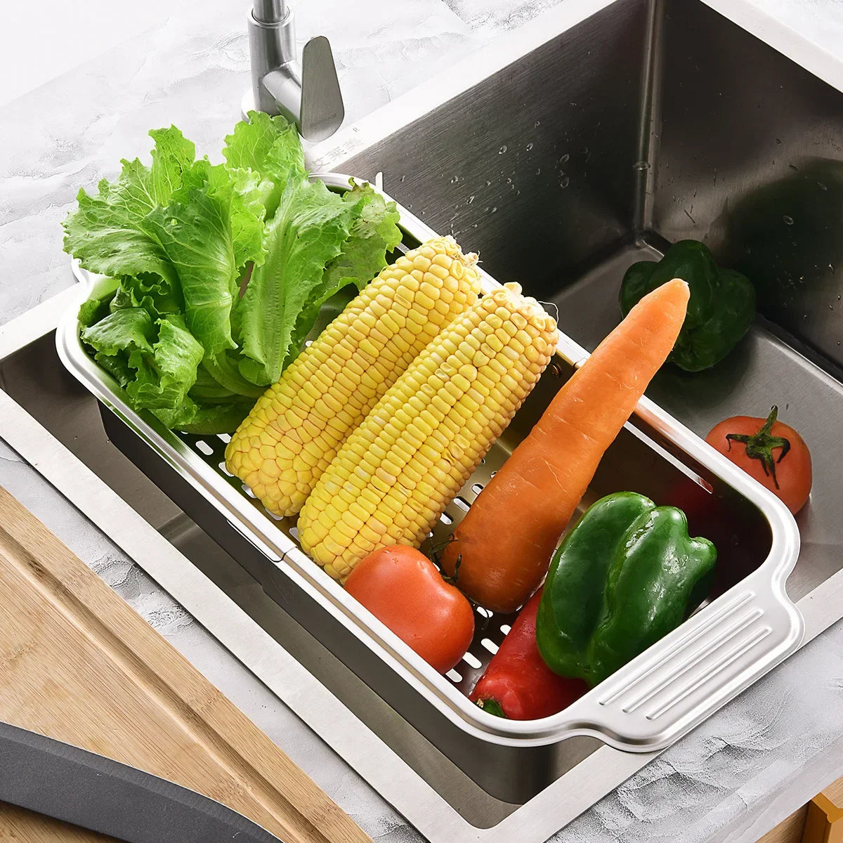 Retractable Over Sink Stainless Steel Vegetable Drain Basket