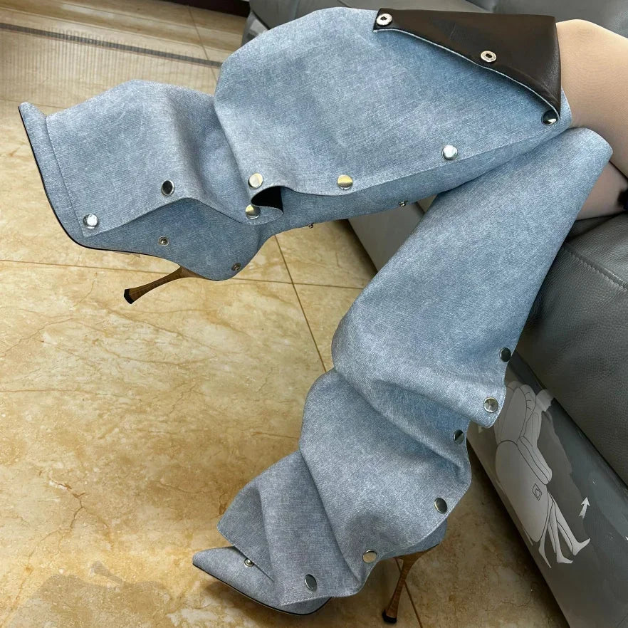 Long Denim Jean Women High Heel Boots - Image 6