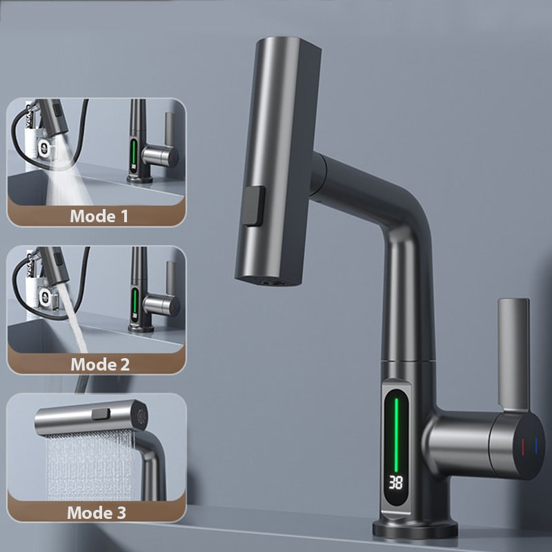 Modern Sleek Waterfall Temperature Display Faucet