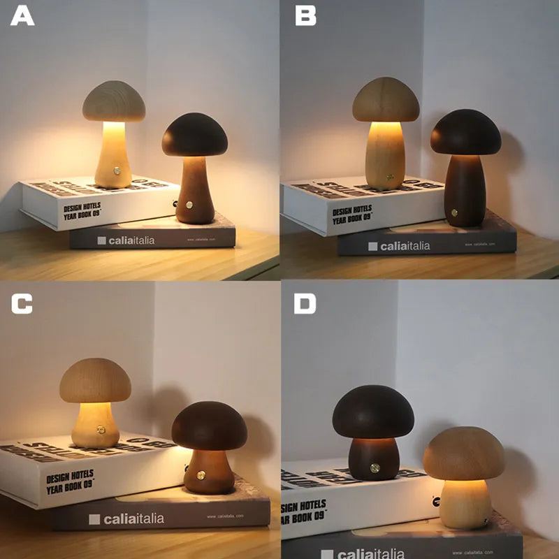 Touch Switch Wooden Mushroom LED Night Lamp