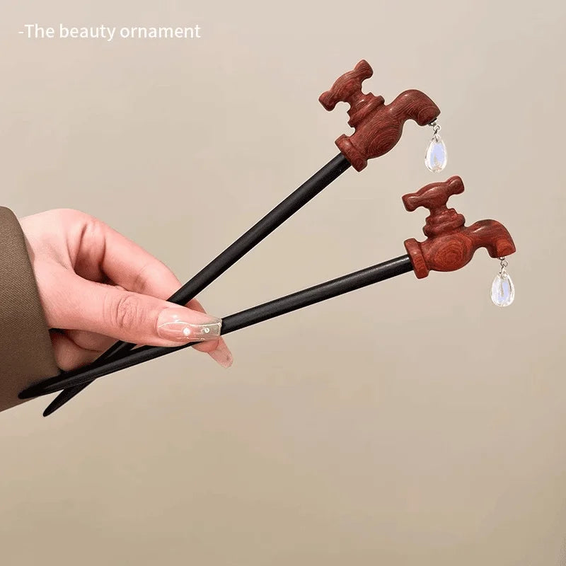 Vintage Wood Faucet Water Drop Hairpin - Image 3
