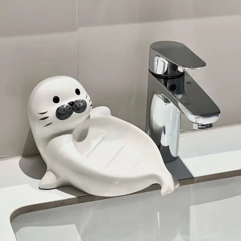 Chubby Seal Cute Draining Soap Dish Holder Tray