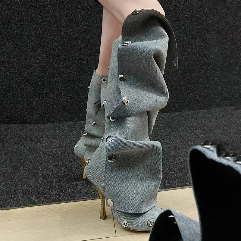 Long Denim Jean Women High Heel Boots - Image 2
