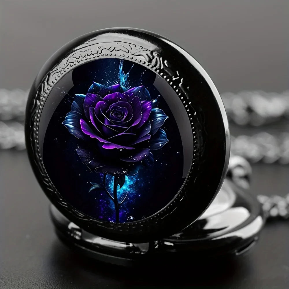 Timepiece Purple Rose Quartz Pocket Watch Necklace