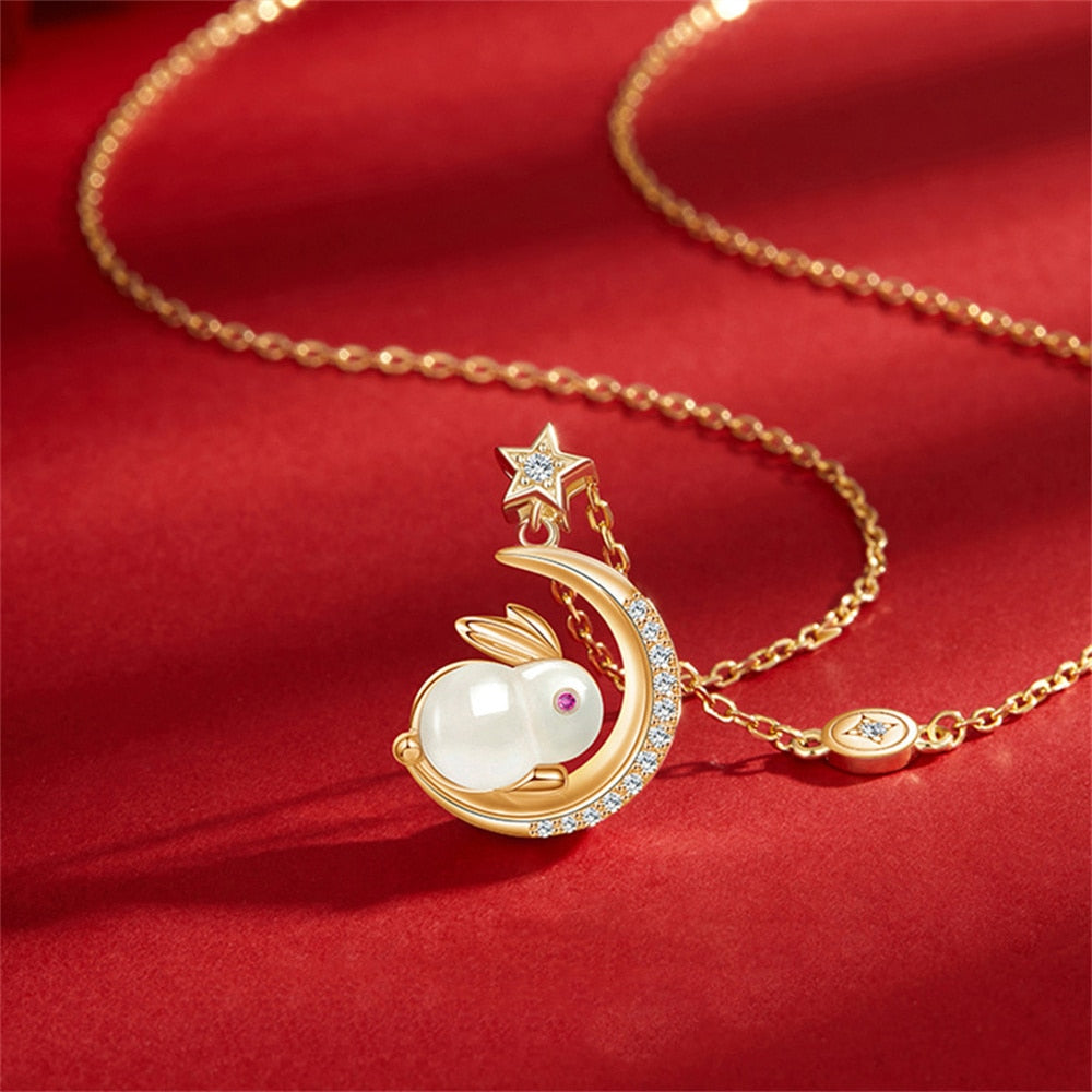 Sparkling Bunny Moon Charm Necklace