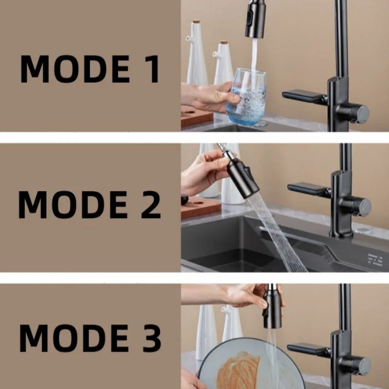 Waterfall Temperature Sensor Digital Display Kitchen Pull-Out Faucet - Image 4