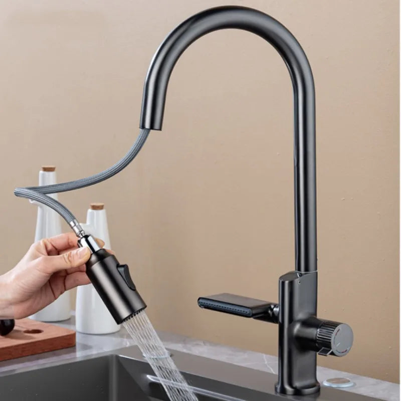 Waterfall Temperature Sensor Digital Display Kitchen Pull-Out Faucet