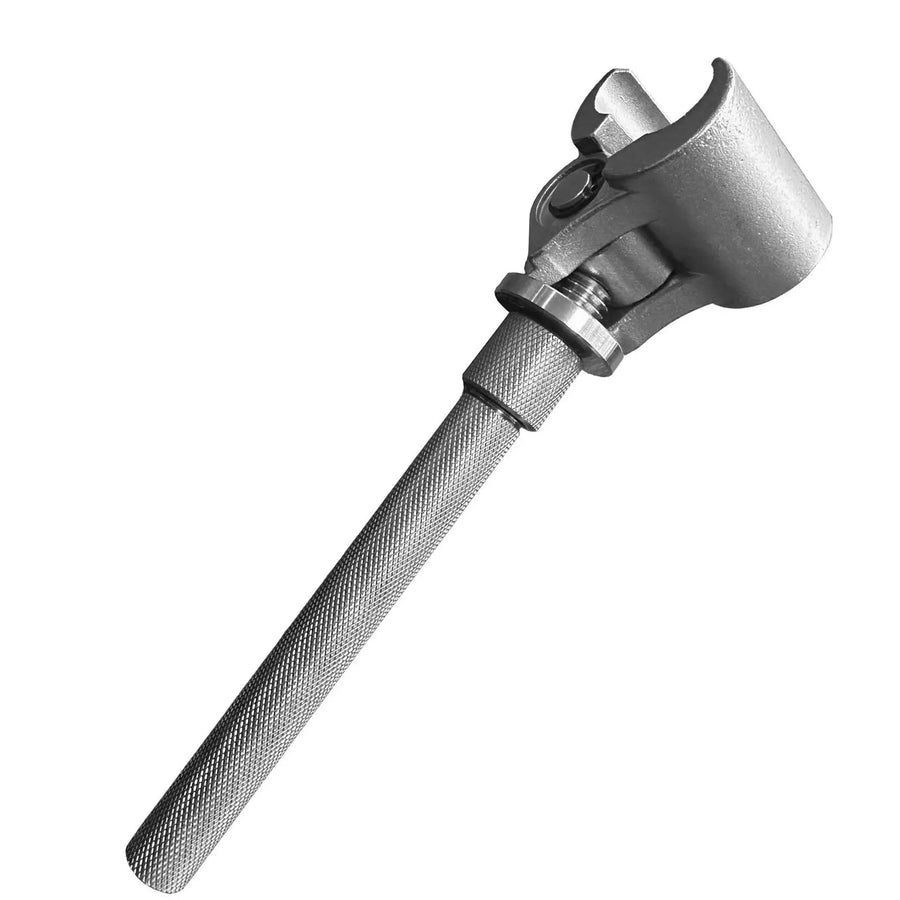 Reverse view of the hinge adjustment wrench showing the jaw housing and textured handle