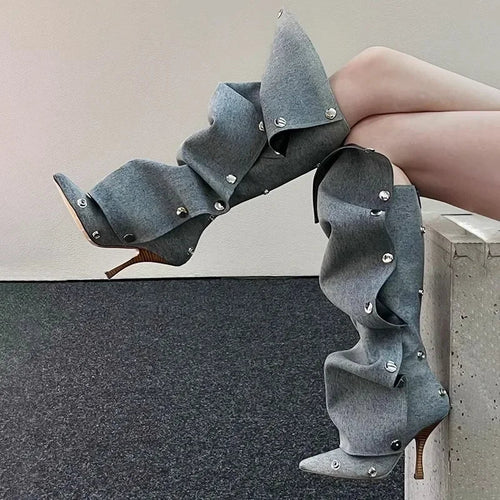 Long Denim Jean Women High Heel Boots - Image 0