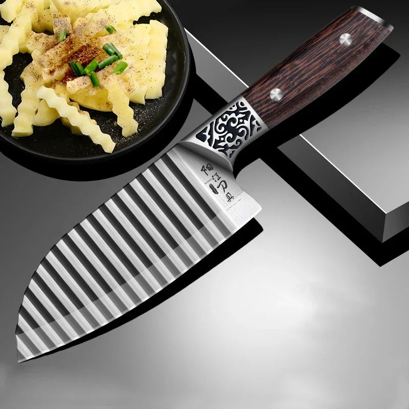 Wooden Handle Ribbed Design Kitchen Knife - Image 5