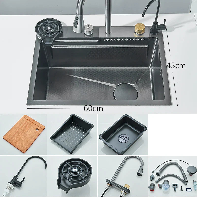 Stainless Steel Cup Washer Waterfall Kitchen Sink - Image 8