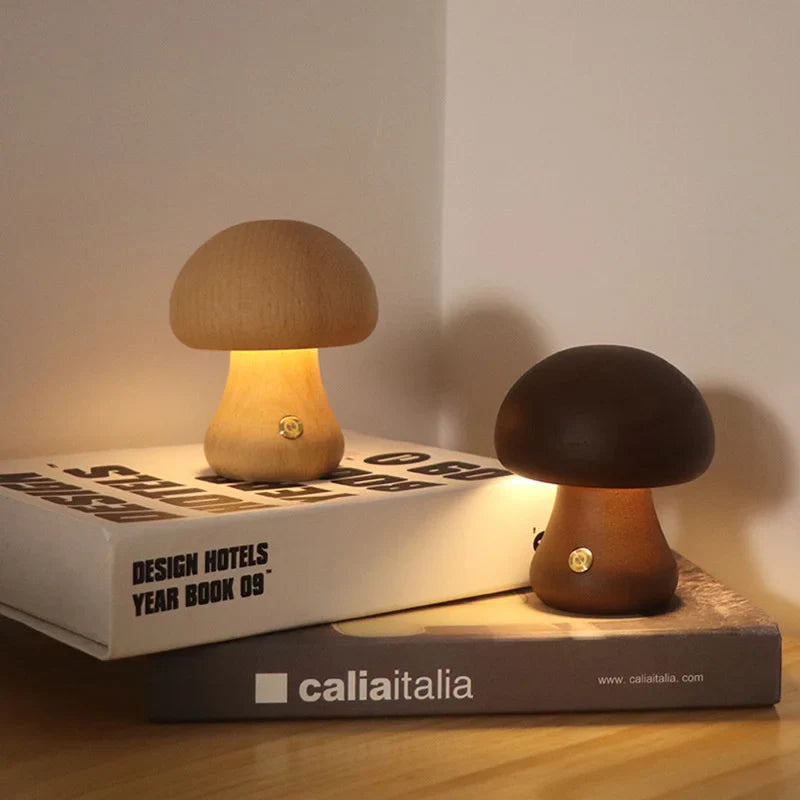 Touch Switch Wooden Mushroom LED Night Lamp