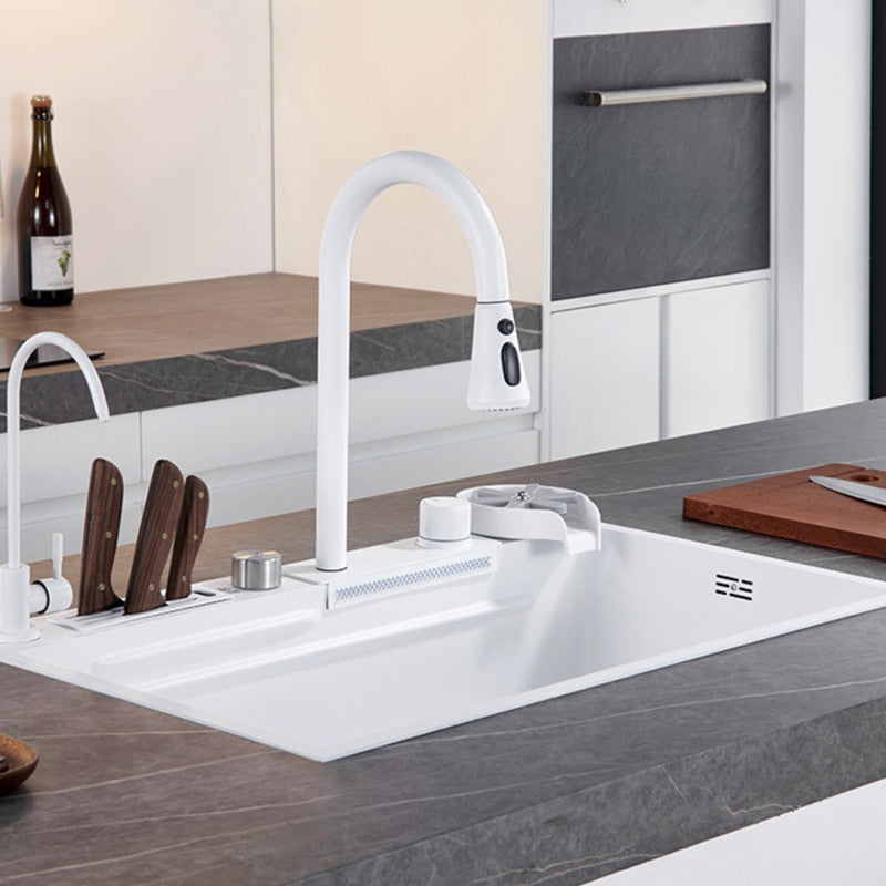 Sleek White Topmount Waterfall Stainless Steel Sink - Image 6