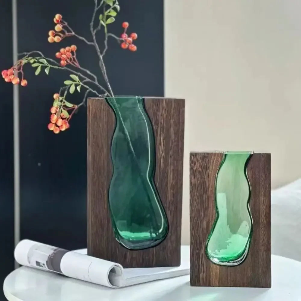 Geometric Wooden Glass Accent Flower Vase - Image 4