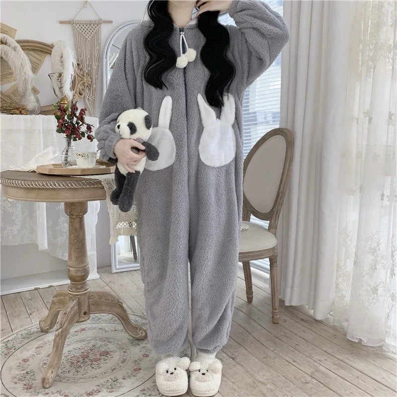 Cozy Bunny Warm Hooded Jumpsuit Pajamas