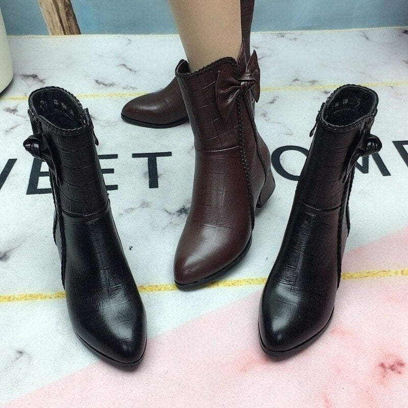 British Style Leather High Heel Ankle Boots