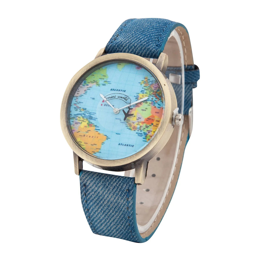 Old Atlas World Map Dial Wristwatch