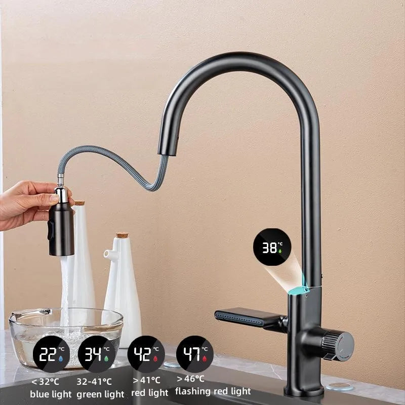 Waterfall Temperature Sensor Digital Display Kitchen Pull-Out Faucet - Image 1