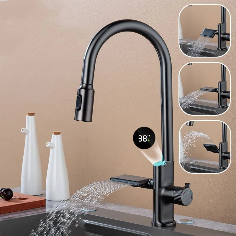 Waterfall Temperature Sensor Digital Display Kitchen Pull-Out Faucet - Image 0