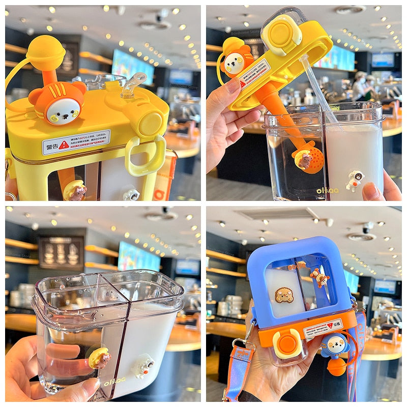 Leak-Proof Double Straw Cartoon Kids Water Bottle