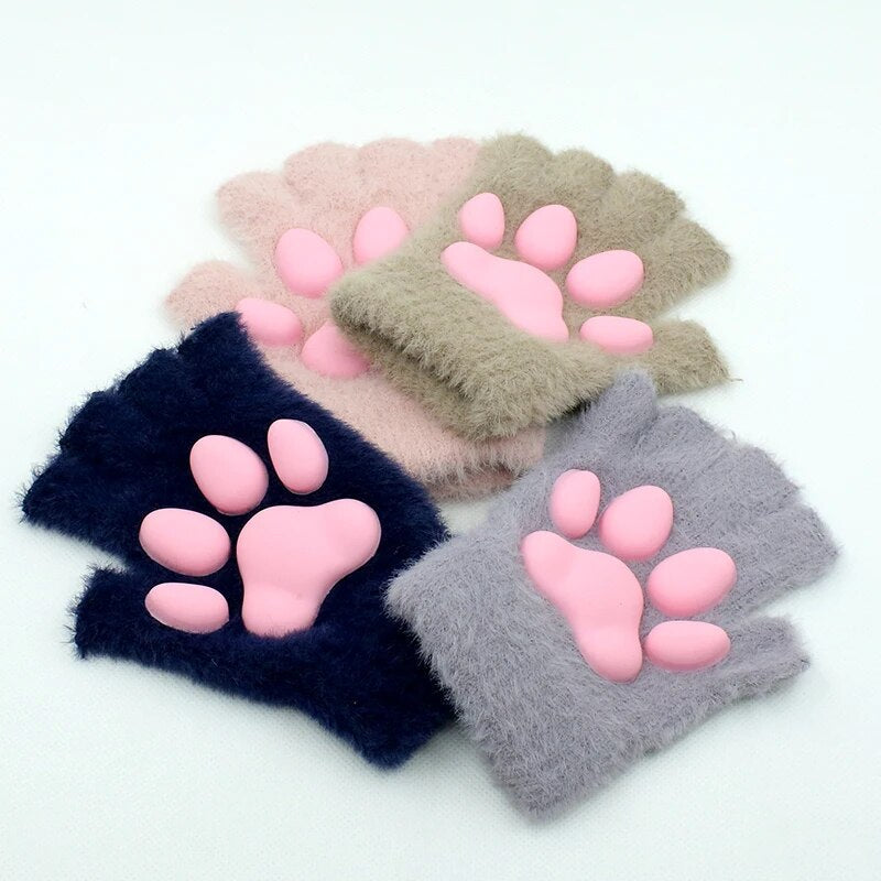 3D Cat Paw Soft Fingerless Gloves