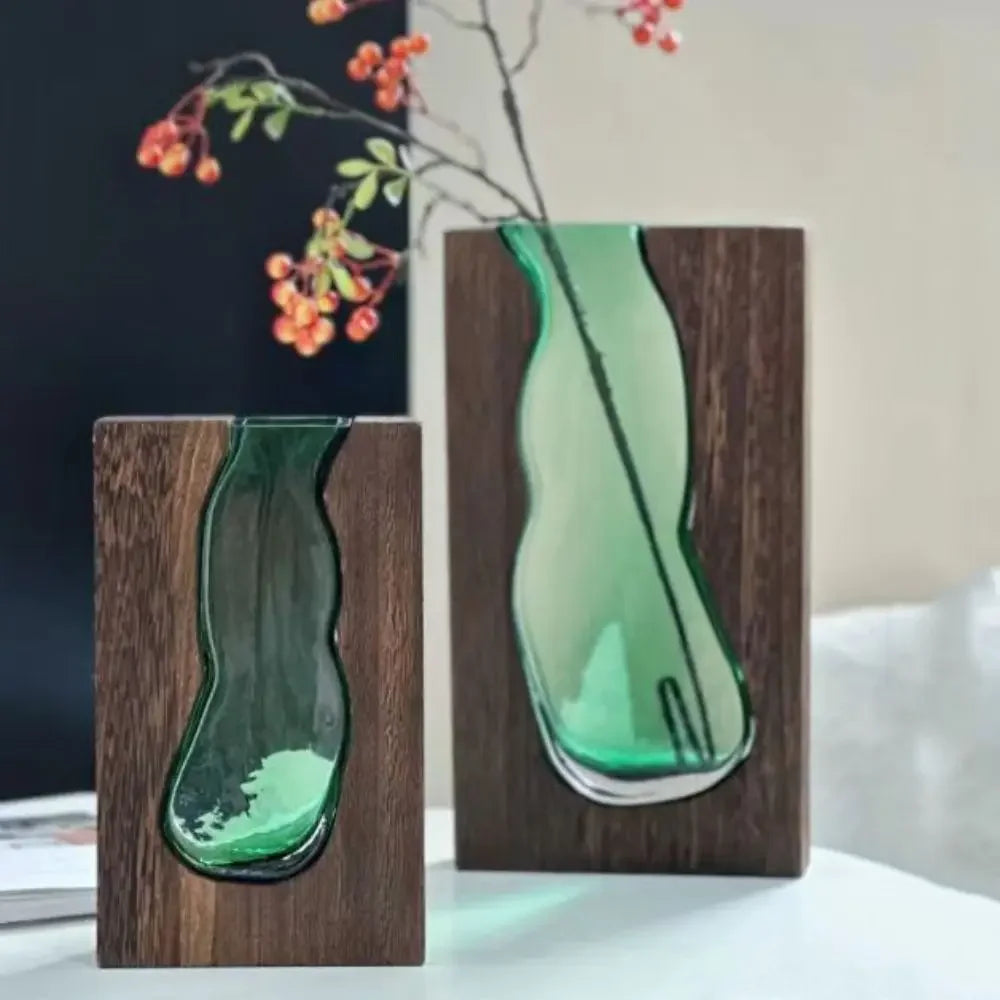 Geometric Wooden Glass Accent Flower Vase - Image 1