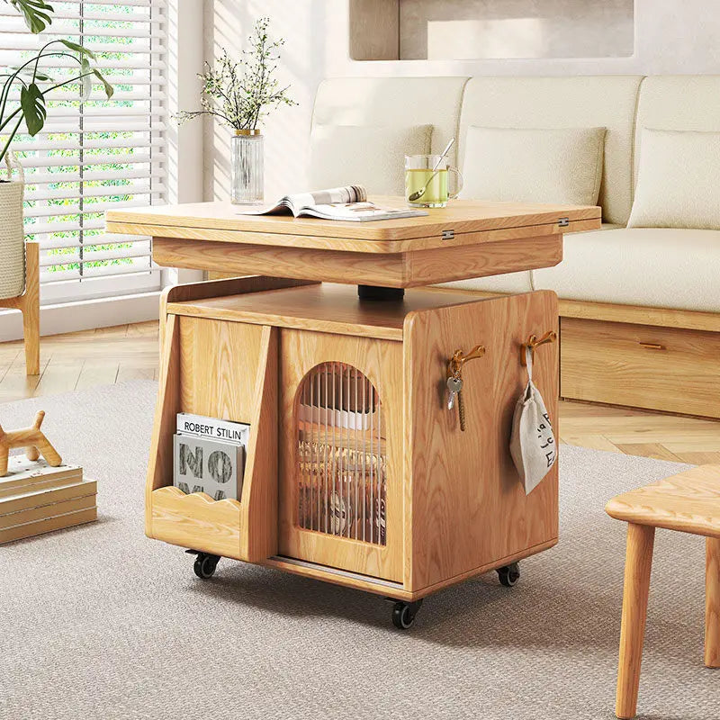 Japandi Natural Wood Liftable Wheeled Accent Table - Image 0