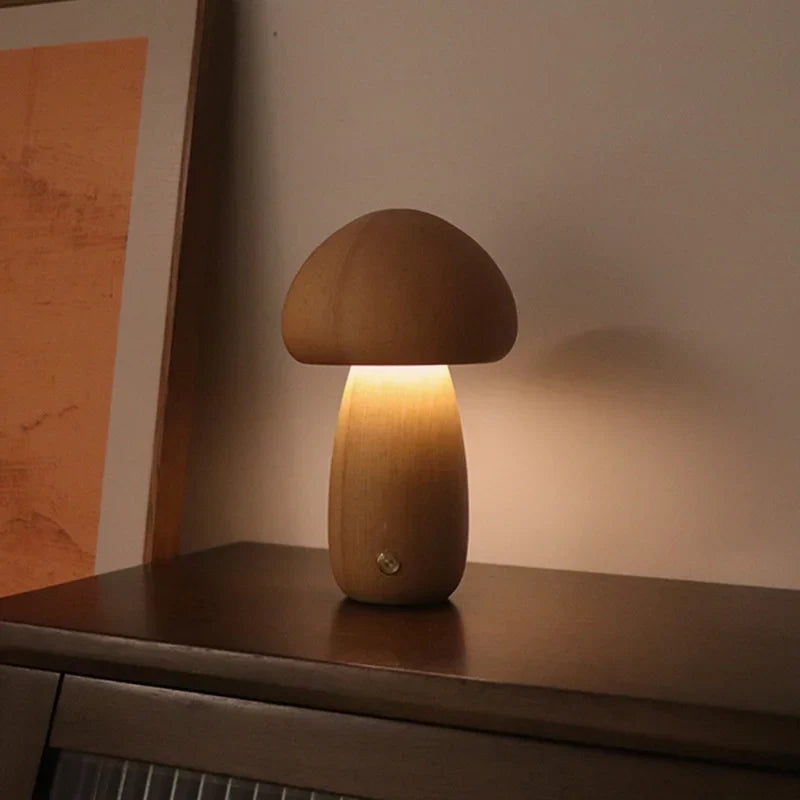 Touch Switch Wooden Mushroom LED Night Lamp