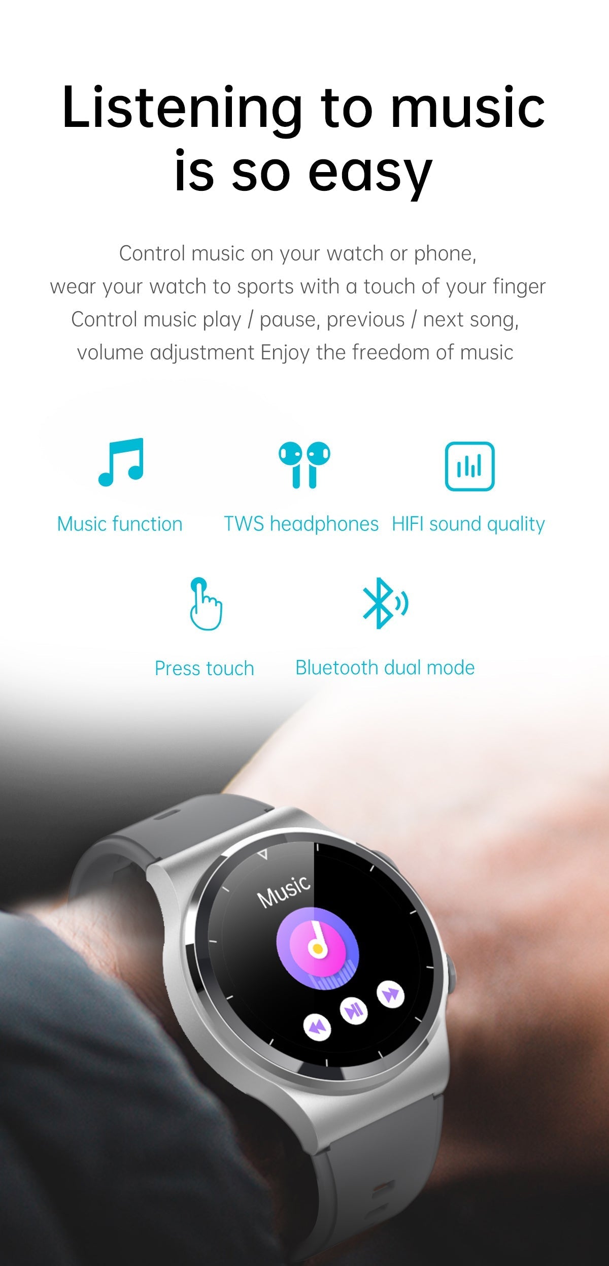 Classic Waterproof Built-in Earphone Smartwatch